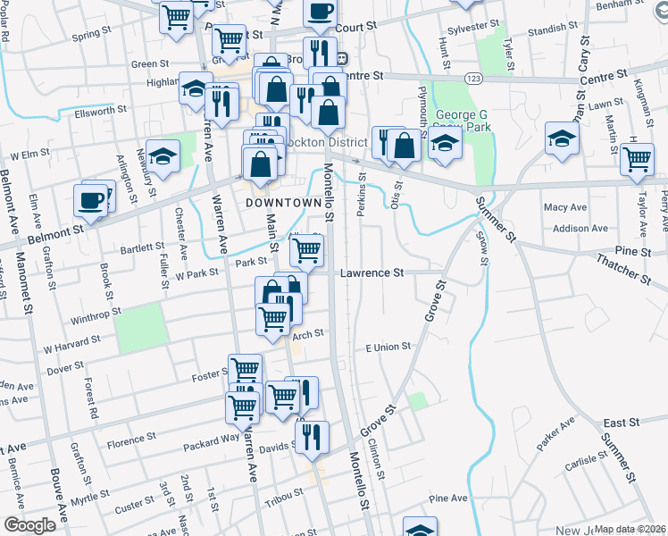 map of restaurants, bars, coffee shops, grocery stores, and more near 451 Montello Street in Brockton