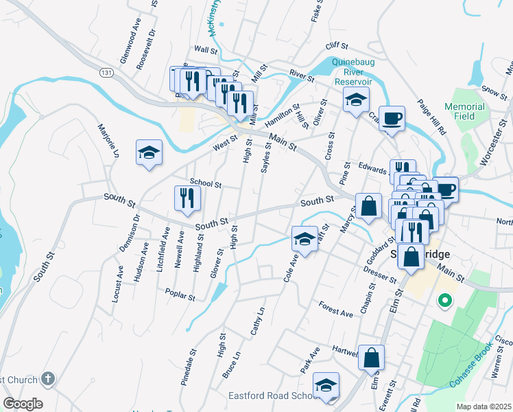 map of restaurants, bars, coffee shops, grocery stores, and more near 242 Dresser Street in Southbridge