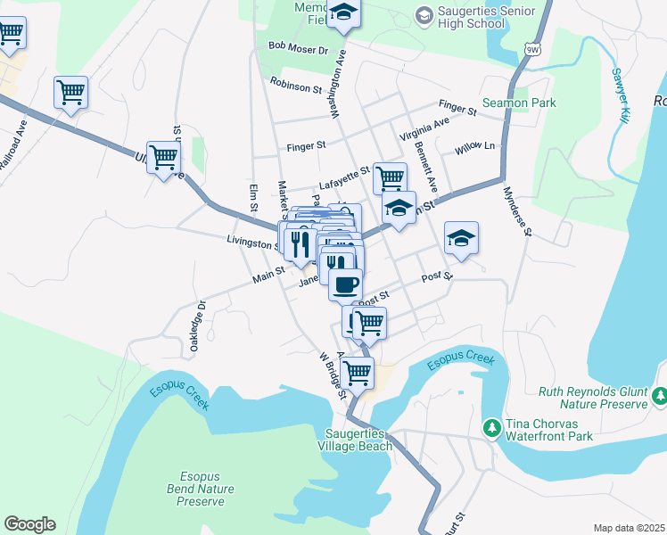 map of restaurants, bars, coffee shops, grocery stores, and more near 16 Jane Street in Saugerties