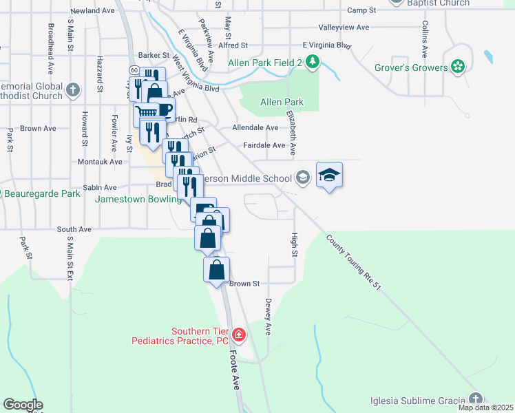 map of restaurants, bars, coffee shops, grocery stores, and more near 11 Bradmar Circle in Jamestown