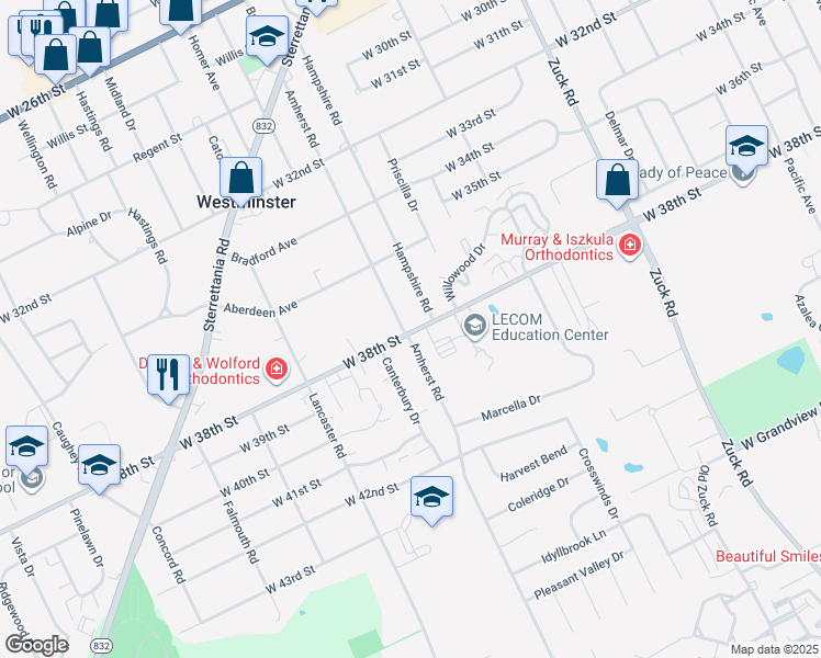 map of restaurants, bars, coffee shops, grocery stores, and more near 3824 Amherst Road in Erie