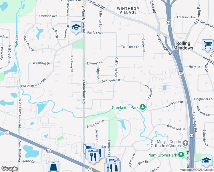 map of restaurants, bars, coffee shops, grocery stores, and more near 4632 McKone Court in Rolling Meadows