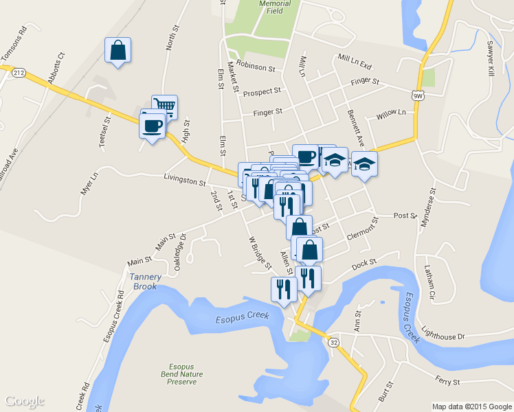 map of restaurants, bars, coffee shops, grocery stores, and more near 282 Main Street in Saugerties