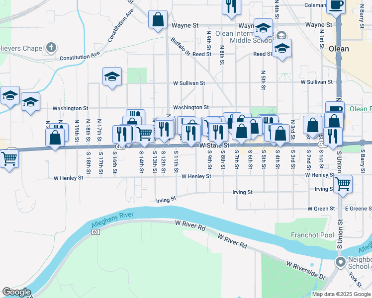map of restaurants, bars, coffee shops, grocery stores, and more near 118 South 10th Street in Olean