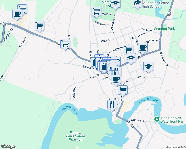 map of restaurants, bars, coffee shops, grocery stores, and more near 6 1st Street in Saugerties