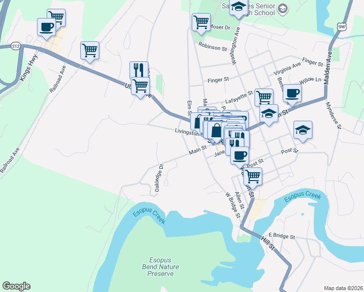 map of restaurants, bars, coffee shops, grocery stores, and more near in Saugerties