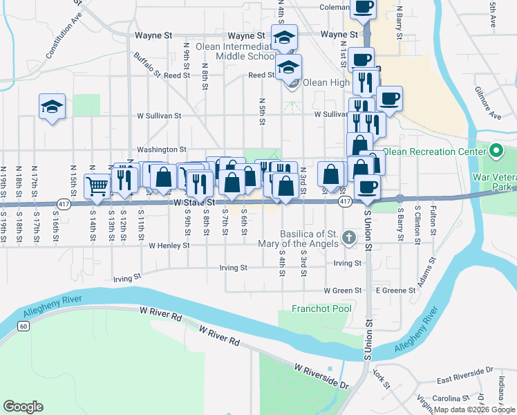 map of restaurants, bars, coffee shops, grocery stores, and more near 114 South 5th Street in Olean