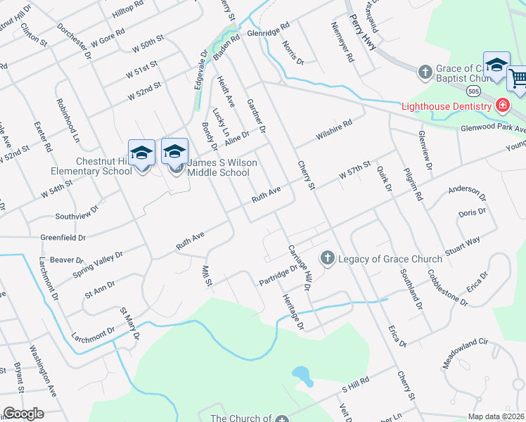 map of restaurants, bars, coffee shops, grocery stores, and more near 5708 Georgetown Drive in Erie