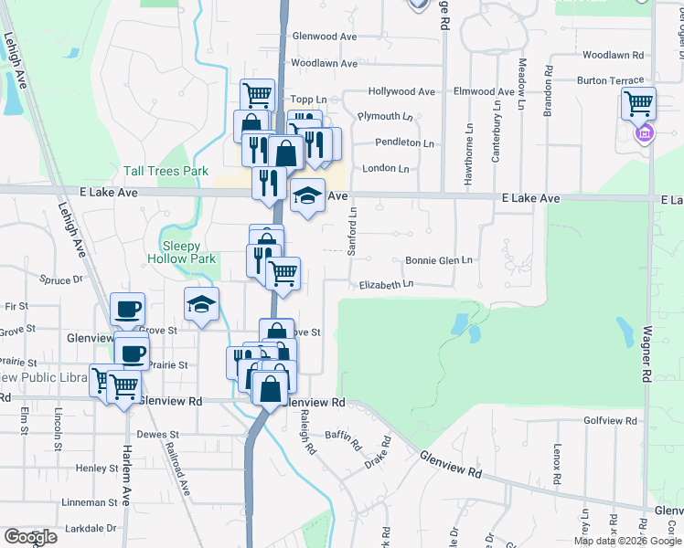 map of restaurants, bars, coffee shops, grocery stores, and more near 1433 Elizabeth Lane in Glenview