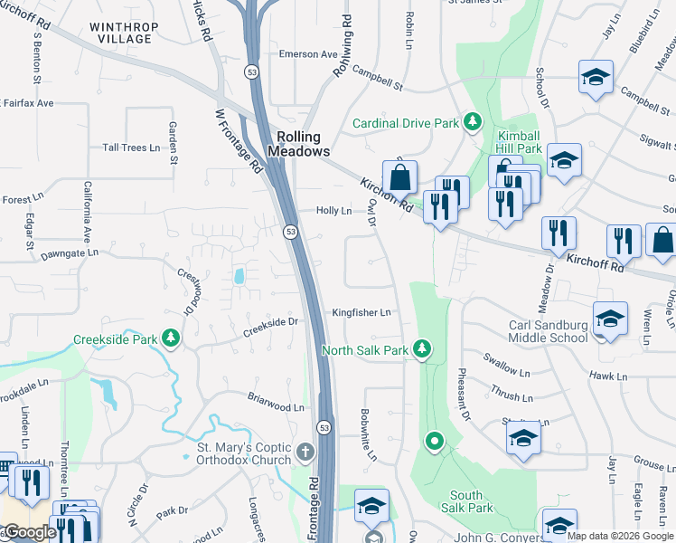 map of restaurants, bars, coffee shops, grocery stores, and more near 3200 East Frontage Road in Rolling Meadows