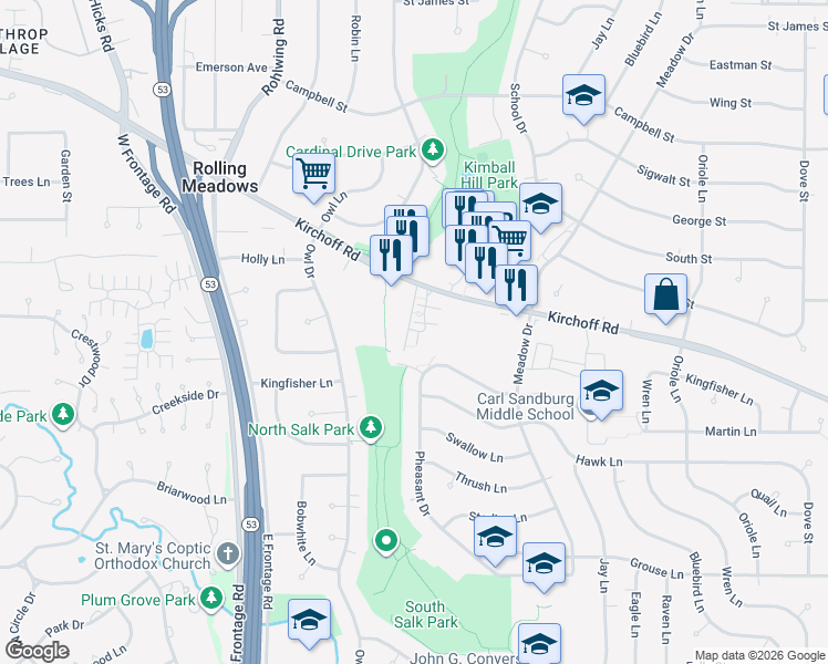 map of restaurants, bars, coffee shops, grocery stores, and more near 3110 Martin Lane in Rolling Meadows