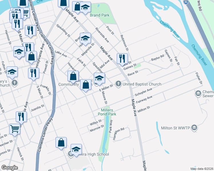 map of restaurants, bars, coffee shops, grocery stores, and more near 807 Moore Street in Elmira