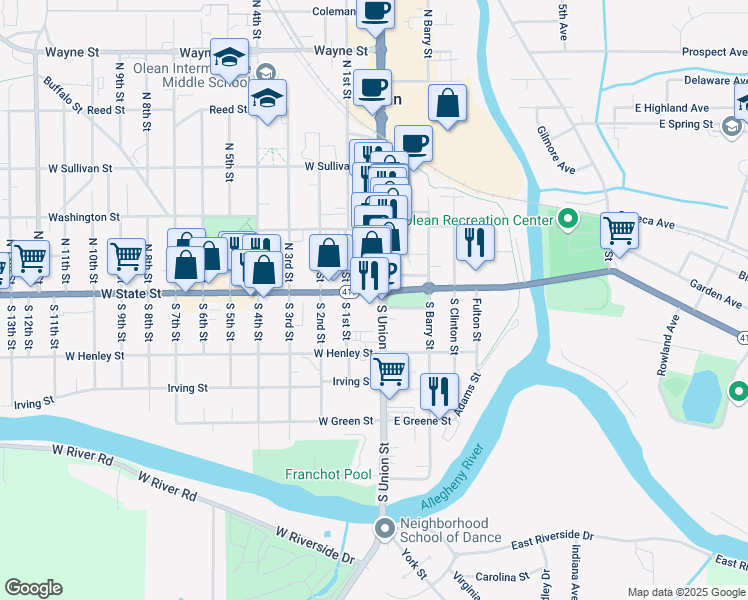 map of restaurants, bars, coffee shops, grocery stores, and more near 102 South Union Street in Olean