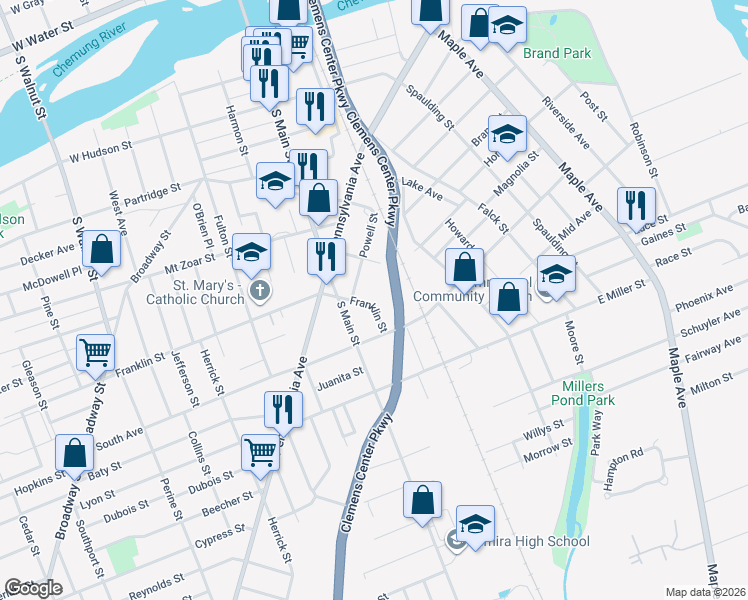 map of restaurants, bars, coffee shops, grocery stores, and more near 551 South Main Street in Elmira