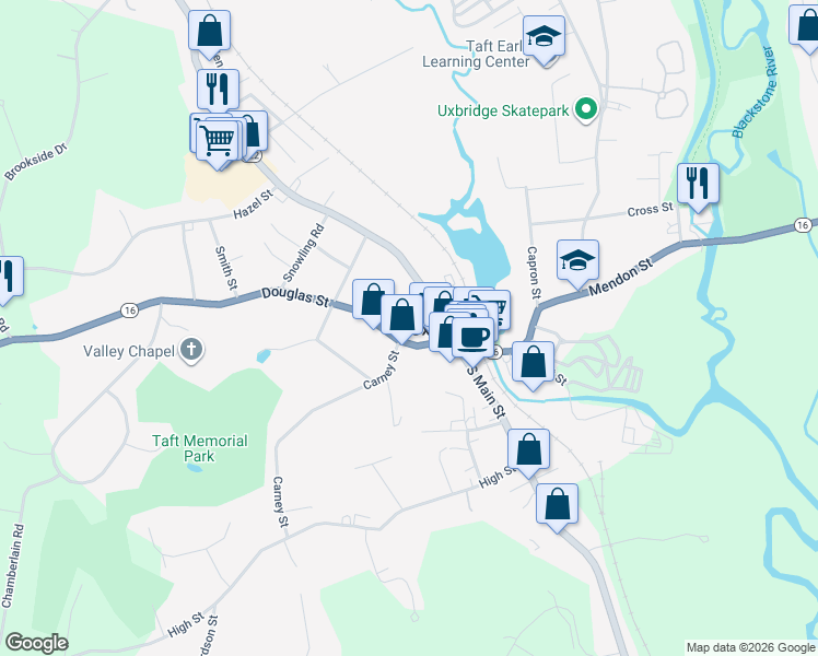 map of restaurants, bars, coffee shops, grocery stores, and more near 20 Court Street in Uxbridge