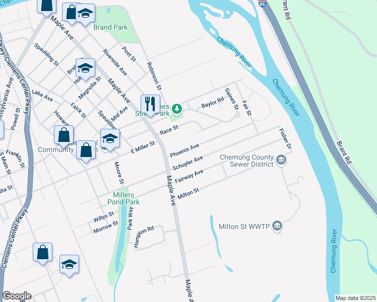 map of restaurants, bars, coffee shops, grocery stores, and more near 422 Phoenix Avenue in Elmira