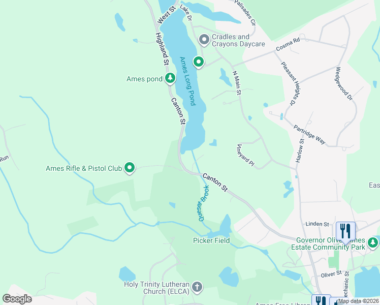 map of restaurants, bars, coffee shops, grocery stores, and more near 117 Canton Street in Easton