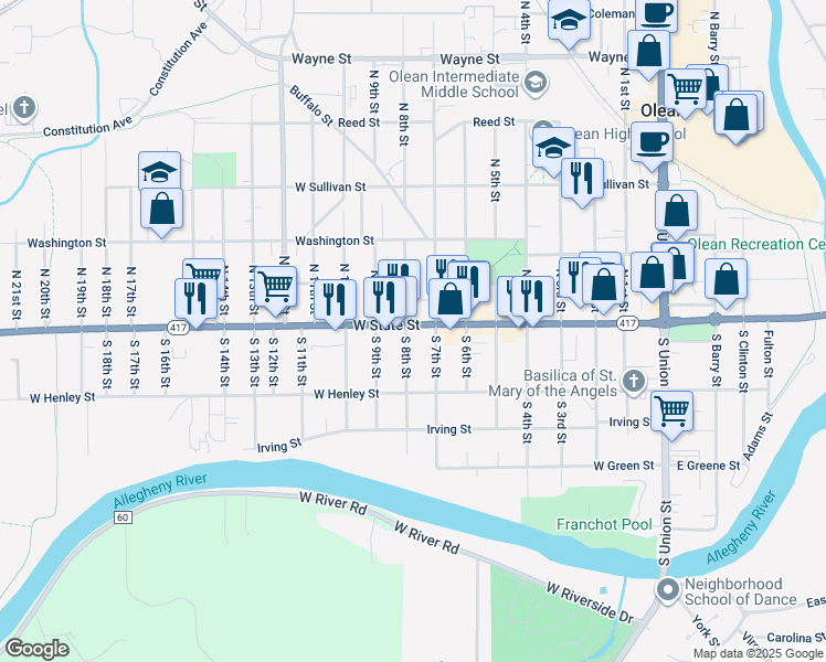 map of restaurants, bars, coffee shops, grocery stores, and more near 110 North 8th Street in Olean