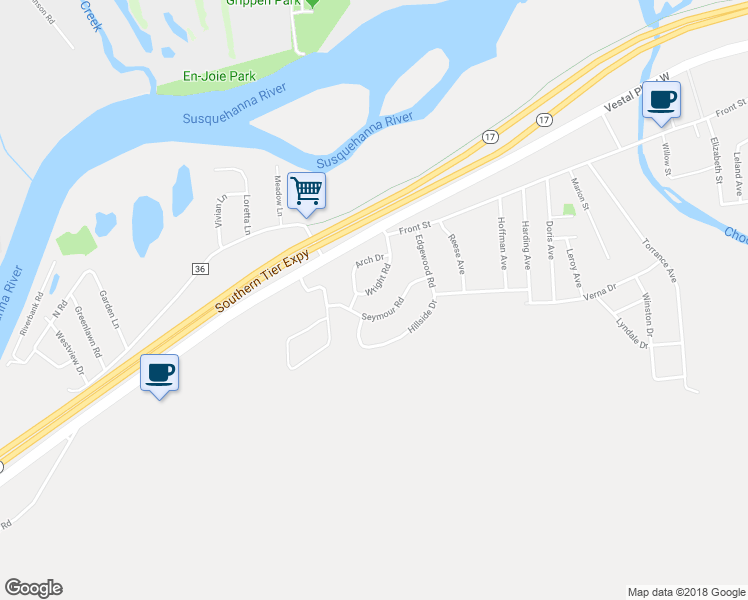 map of restaurants, bars, coffee shops, grocery stores, and more near 233 Wright Road in Vestal