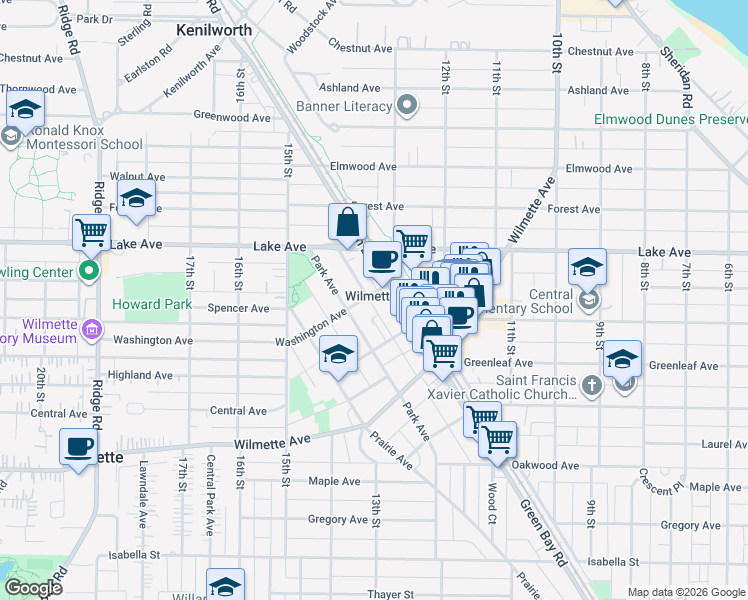 map of restaurants, bars, coffee shops, grocery stores, and more near in Wilmette