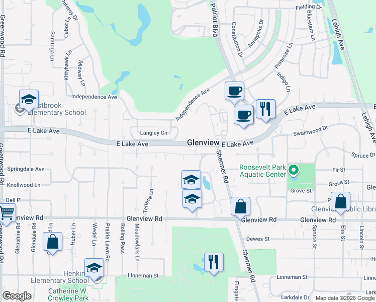 map of restaurants, bars, coffee shops, grocery stores, and more near 2620 Park Lane in Glenview