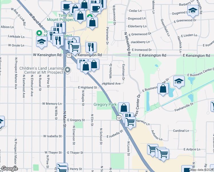 map of restaurants, bars, coffee shops, grocery stores, and more near 602 Wilshire Drive in Mount Prospect