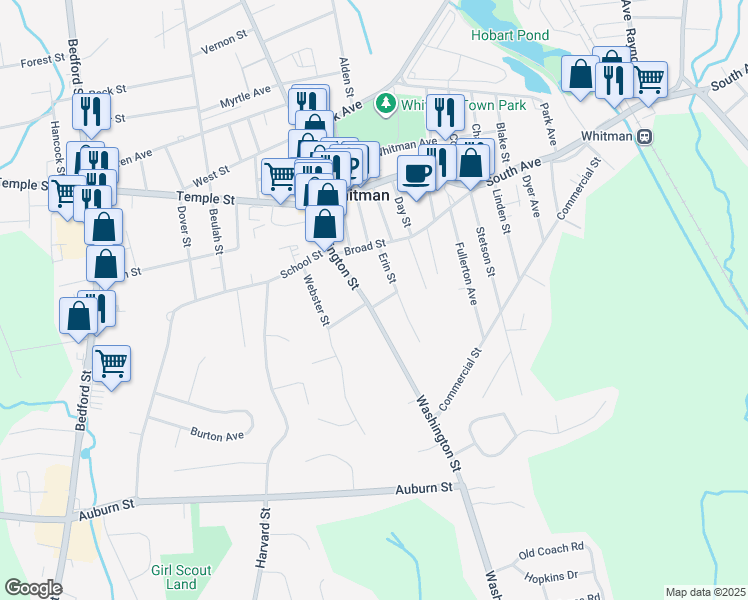 map of restaurants, bars, coffee shops, grocery stores, and more near 459 Washington Street in Whitman