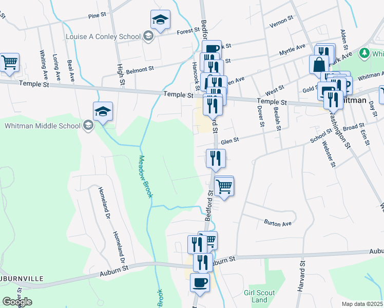 map of restaurants, bars, coffee shops, grocery stores, and more near 672 Bedford Street in Whitman
