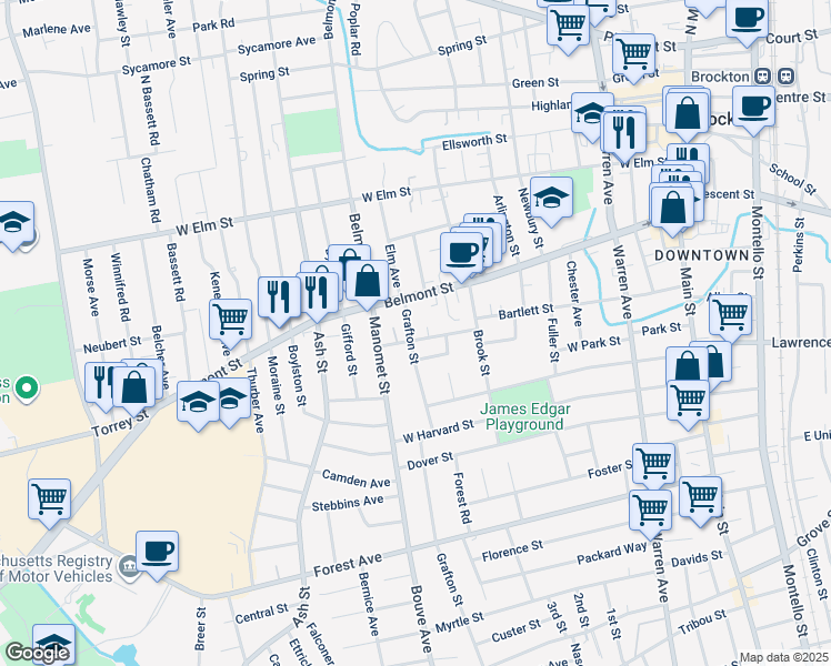 map of restaurants, bars, coffee shops, grocery stores, and more near 276 Belmont Street in Brockton