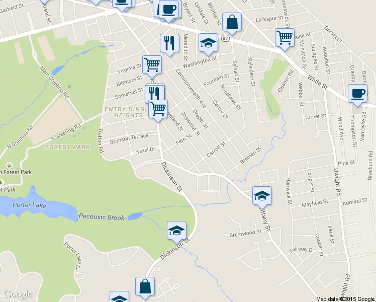 map of restaurants, bars, coffee shops, grocery stores, and more near 62 Fern Street in Springfield