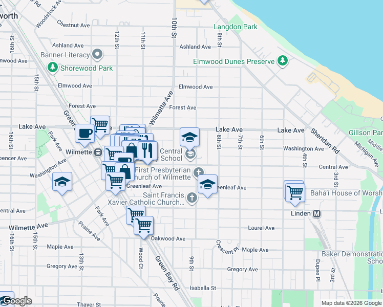 map of restaurants, bars, coffee shops, grocery stores, and more near 736 10th Street in Wilmette