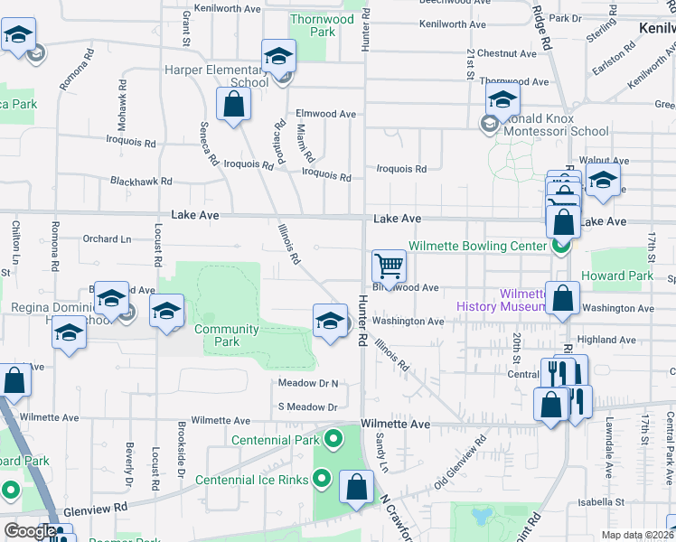 map of restaurants, bars, coffee shops, grocery stores, and more near 2323-2329 Schiller Avenue in Wilmette