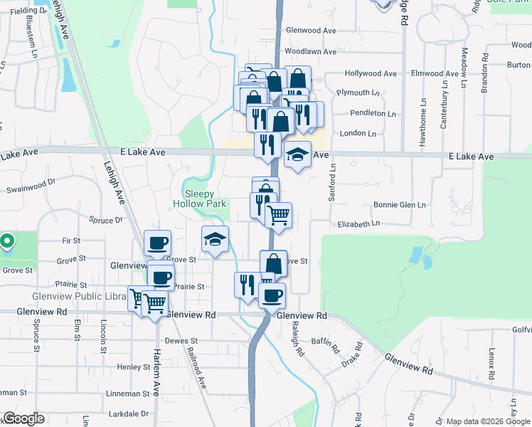 map of restaurants, bars, coffee shops, grocery stores, and more near 1716 Maplewood Lane in Glenview