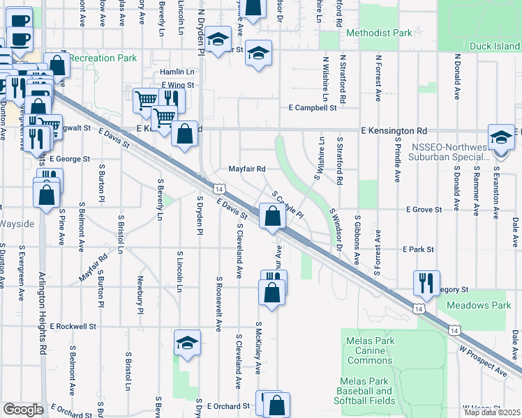 map of restaurants, bars, coffee shops, grocery stores, and more near 324 South Derbyshire Lane in Arlington Heights