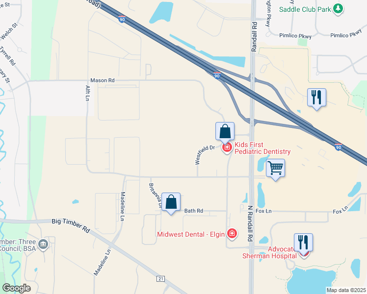 map of restaurants, bars, coffee shops, grocery stores, and more near 2500 Westfield Drive in Elgin