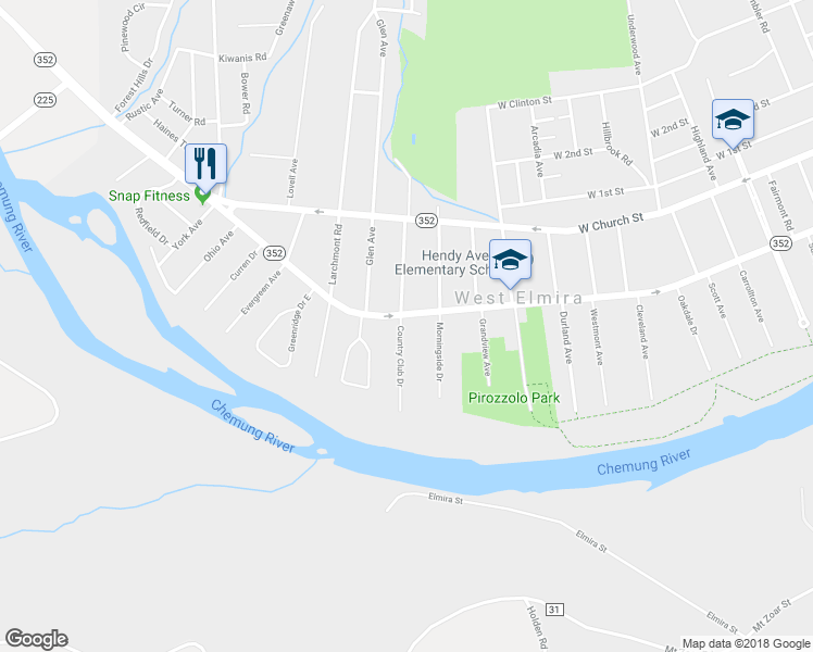 map of restaurants, bars, coffee shops, grocery stores, and more near 1459 West Water Street in Elmira