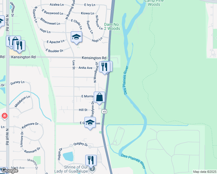 map of restaurants, bars, coffee shops, grocery stores, and more near 700 North River Road in Des Plaines
