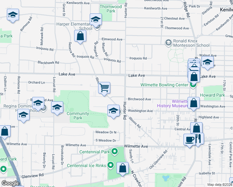 map of restaurants, bars, coffee shops, grocery stores, and more near 2323 Schiller Avenue in Wilmette