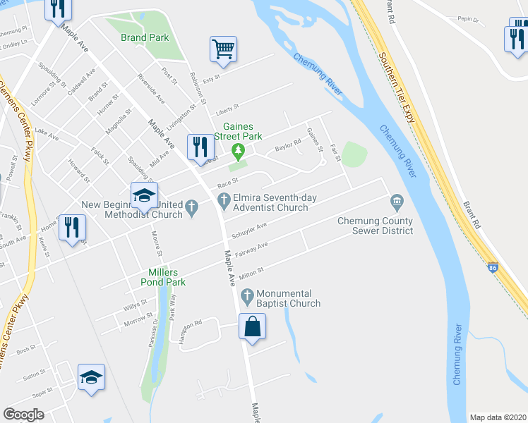 map of restaurants, bars, coffee shops, grocery stores, and more near 430 Phoenix Avenue in Elmira