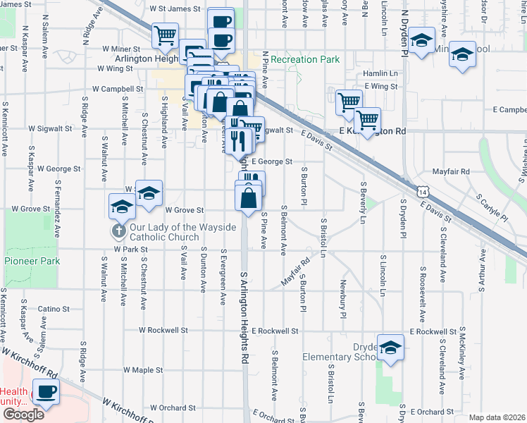 map of restaurants, bars, coffee shops, grocery stores, and more near 311 South Arlington Heights Road in Arlington Heights
