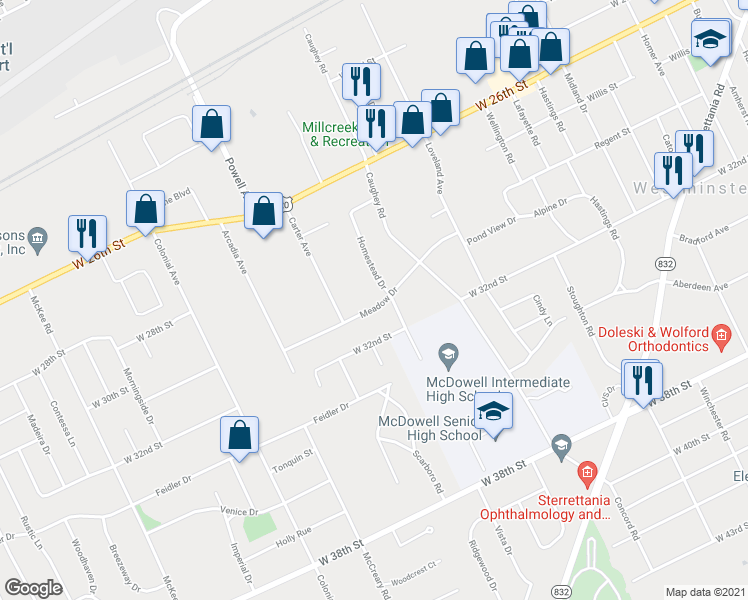 map of restaurants, bars, coffee shops, grocery stores, and more near 3664 Meadow Drive in Erie