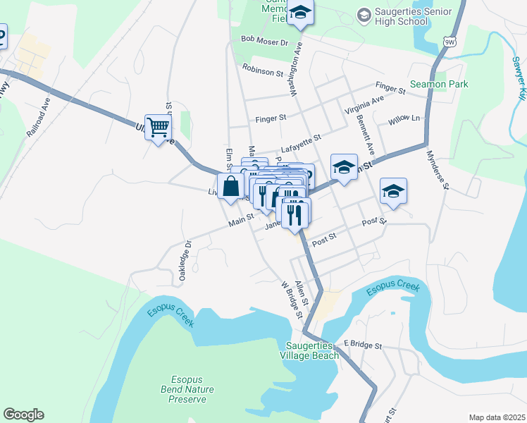 map of restaurants, bars, coffee shops, grocery stores, and more near New York 32 in Saugerties