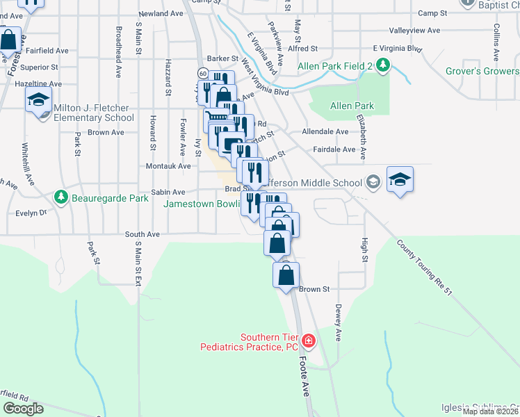 map of restaurants, bars, coffee shops, grocery stores, and more near 815 Foote Avenue in Jamestown