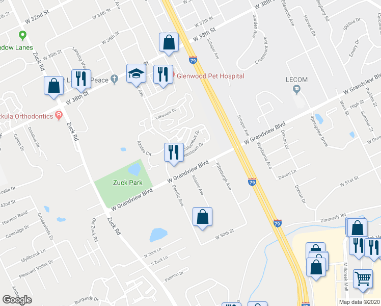 map of restaurants, bars, coffee shops, grocery stores, and more near 2255 Jamestown Drive in Erie