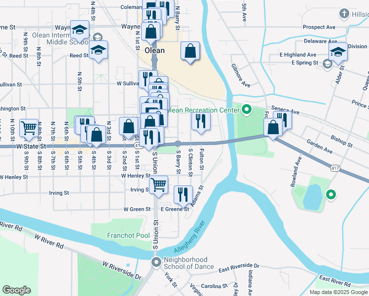 map of restaurants, bars, coffee shops, grocery stores, and more near 106 South Clinton Street in Olean