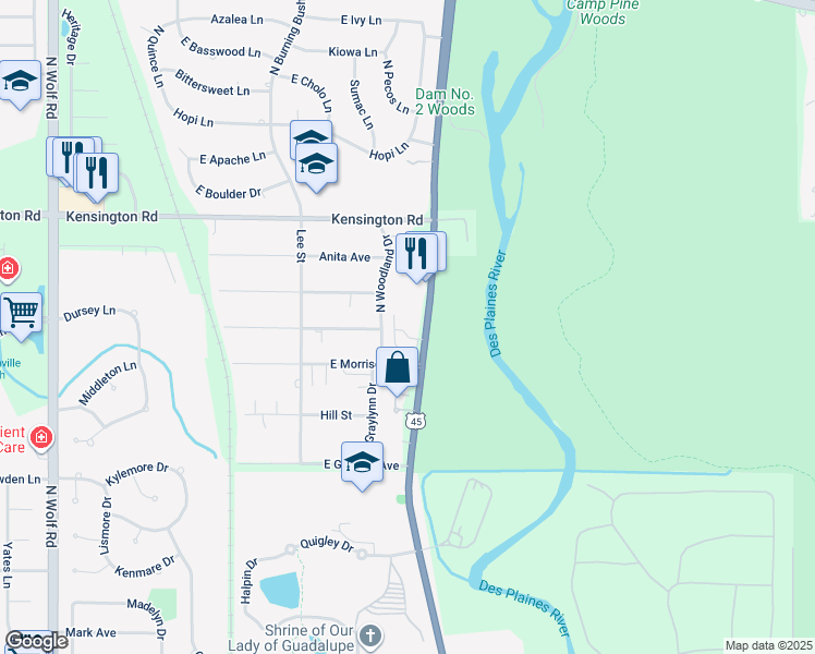 map of restaurants, bars, coffee shops, grocery stores, and more near 118 Enclave Drive in Mount Prospect