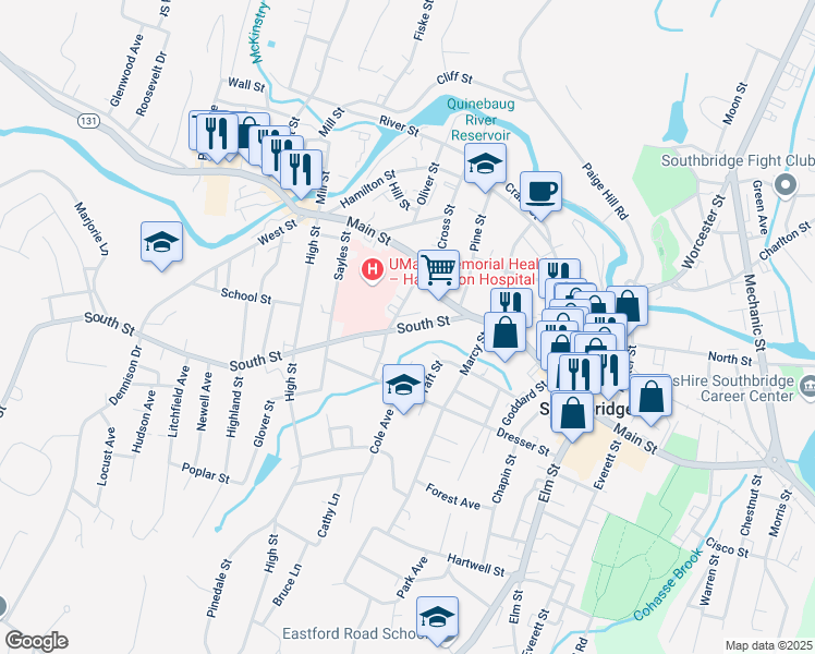map of restaurants, bars, coffee shops, grocery stores, and more near 64 South Street in Southbridge