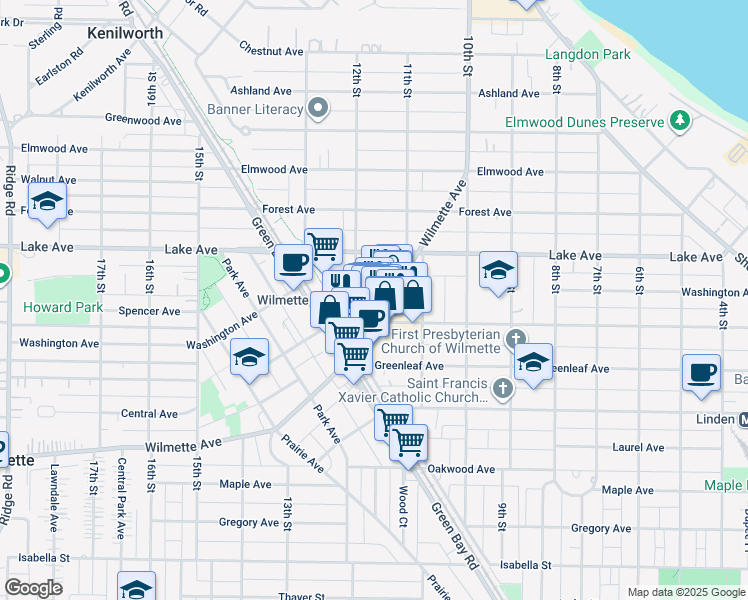 map of restaurants, bars, coffee shops, grocery stores, and more near 1140 Wilmette Avenue in Wilmette