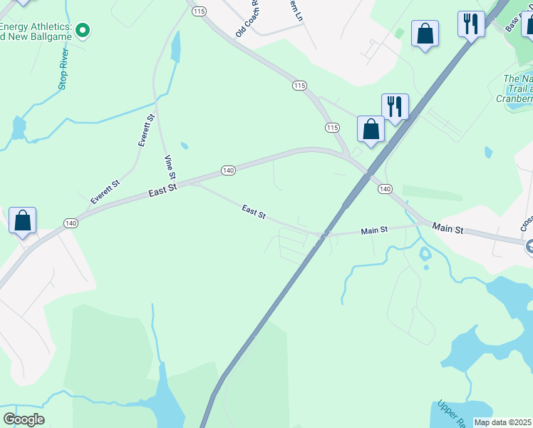 map of restaurants, bars, coffee shops, grocery stores, and more near 30 Wysteria Way in Wrentham