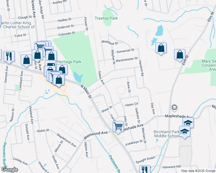 map of restaurants, bars, coffee shops, grocery stores, and more near 73 Lasalle Street in East Longmeadow